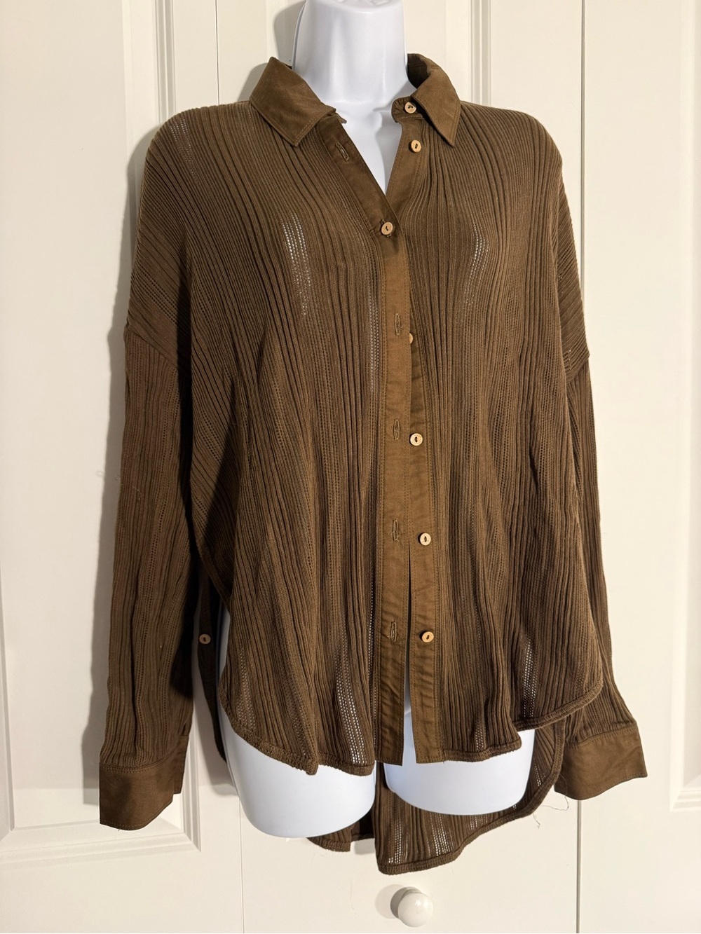 Free People Brown Ribbed Semi-Sheer Button-Down Shirt